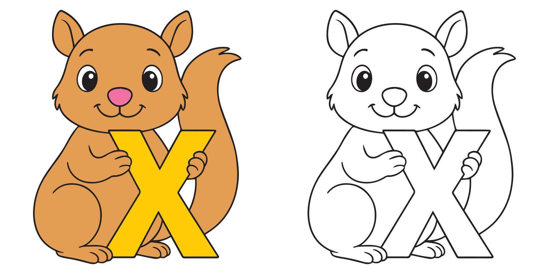 Cartoon squirrel holding the letter x for alphabet coloring page vector