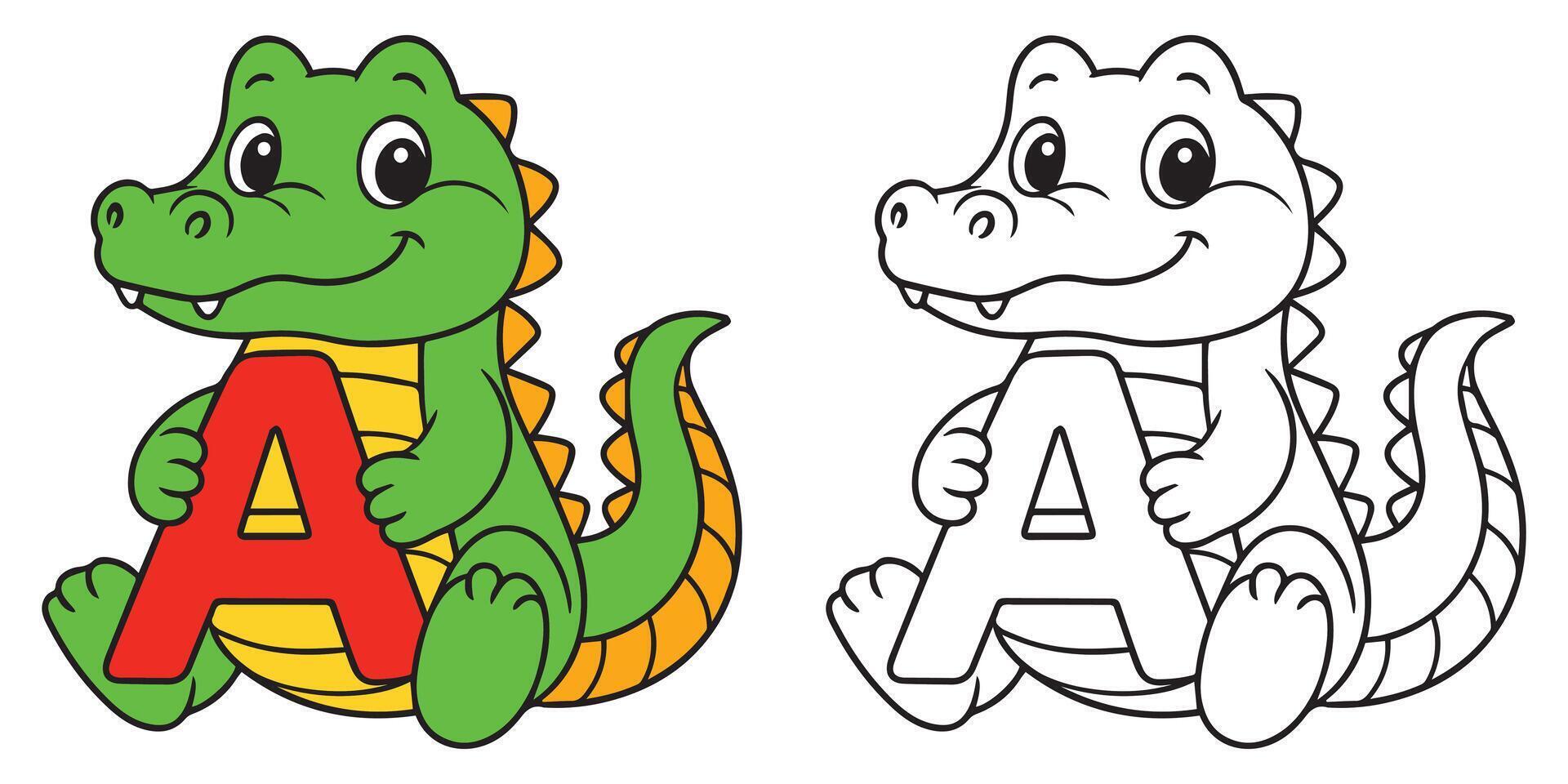 Cute cartoon alligator with letter a illustration vector