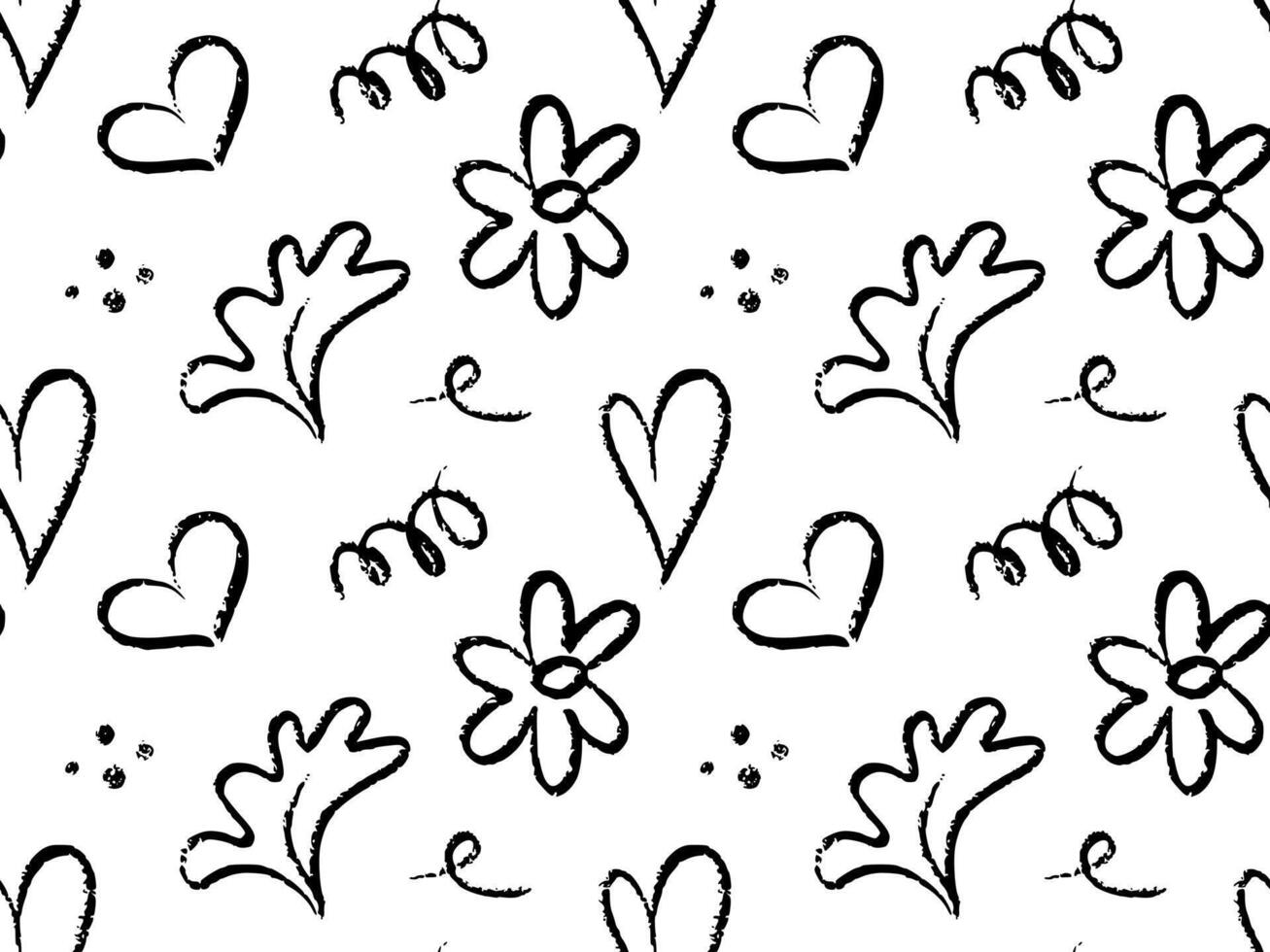 Doodle seamless pattern with hand drawn black sketch elements, Includes playful hearts, curlicues, scribbles, lines, flowers, leaves, dots on white background. Crayon style texture with a fun vector