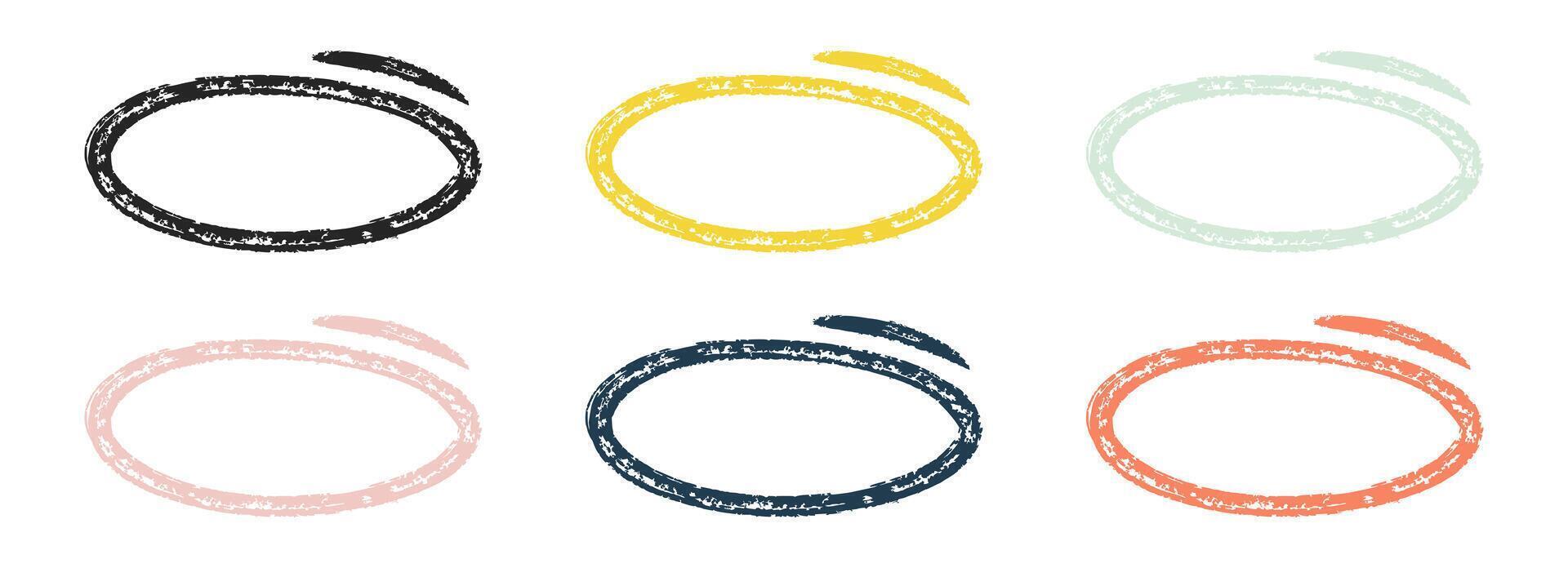 Grunge Hand Drawn Circle Highlights with dry brush or marker texture. Marker Color Scribble Elements Set. Sketchy rough oval and circular frames perfect for emphasizing text, UX design elements vector