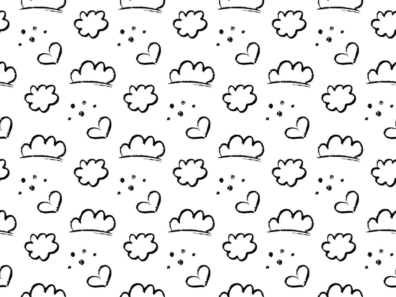 Doodle seamless pattern with hand drawn black sketch elements, Includes playful clouds, hearts, dots on white background. Crayon style texture with a fun, artistic vibe. Perfect for kids products vector
