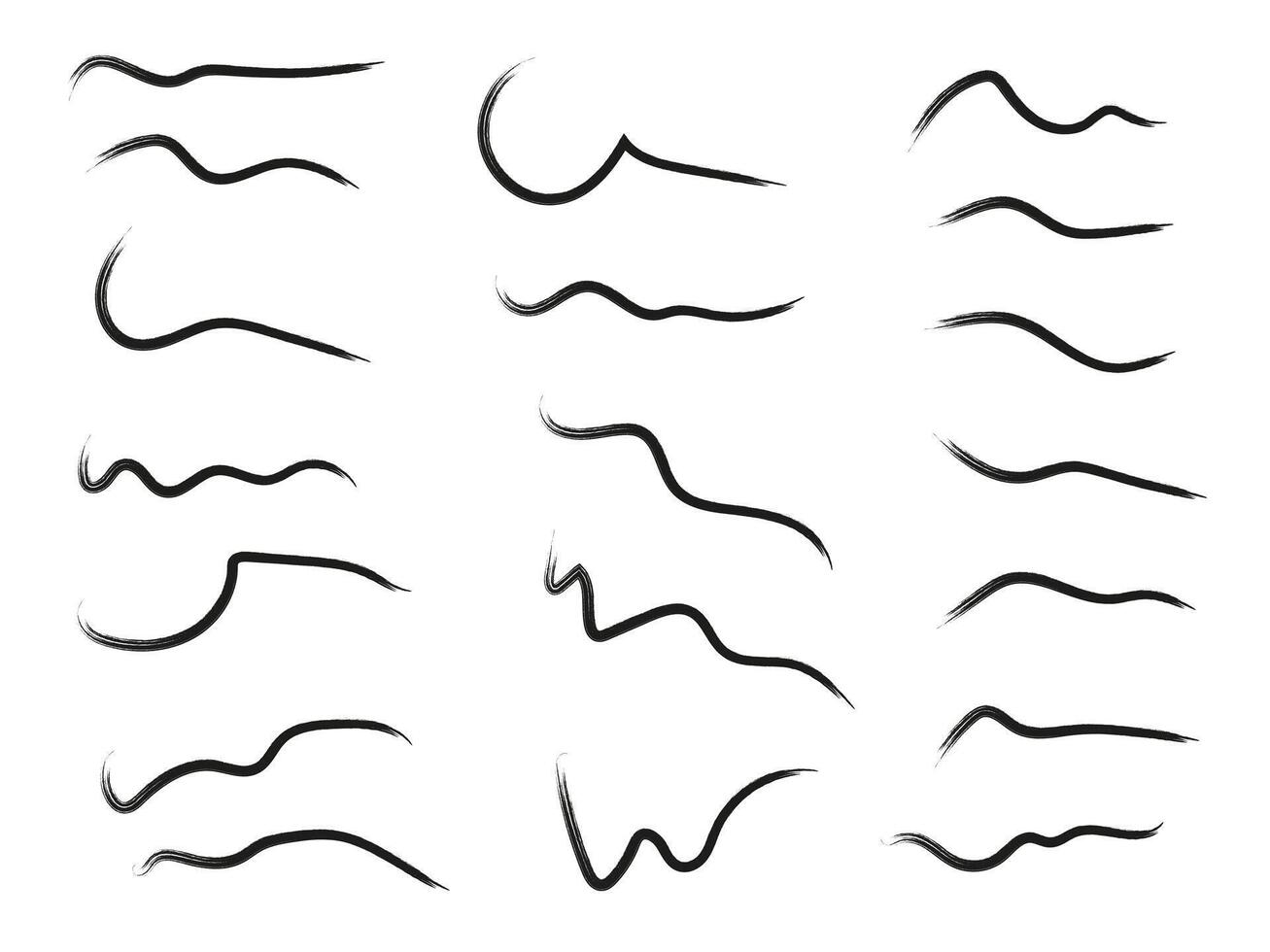 Abstract black hand drawn lines and scribbles on white background by marker or pen. Doodle chalk style design elements for highlights, text dividers, frames, or decorative purposes. Minimalist sketchy vector