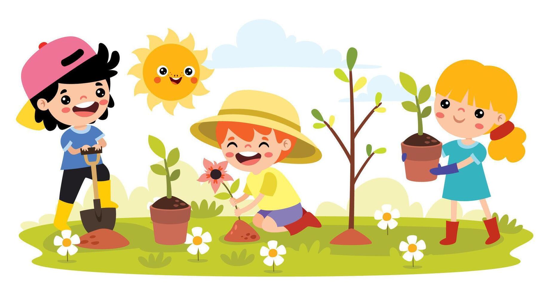 Children planting flowers and trees vector