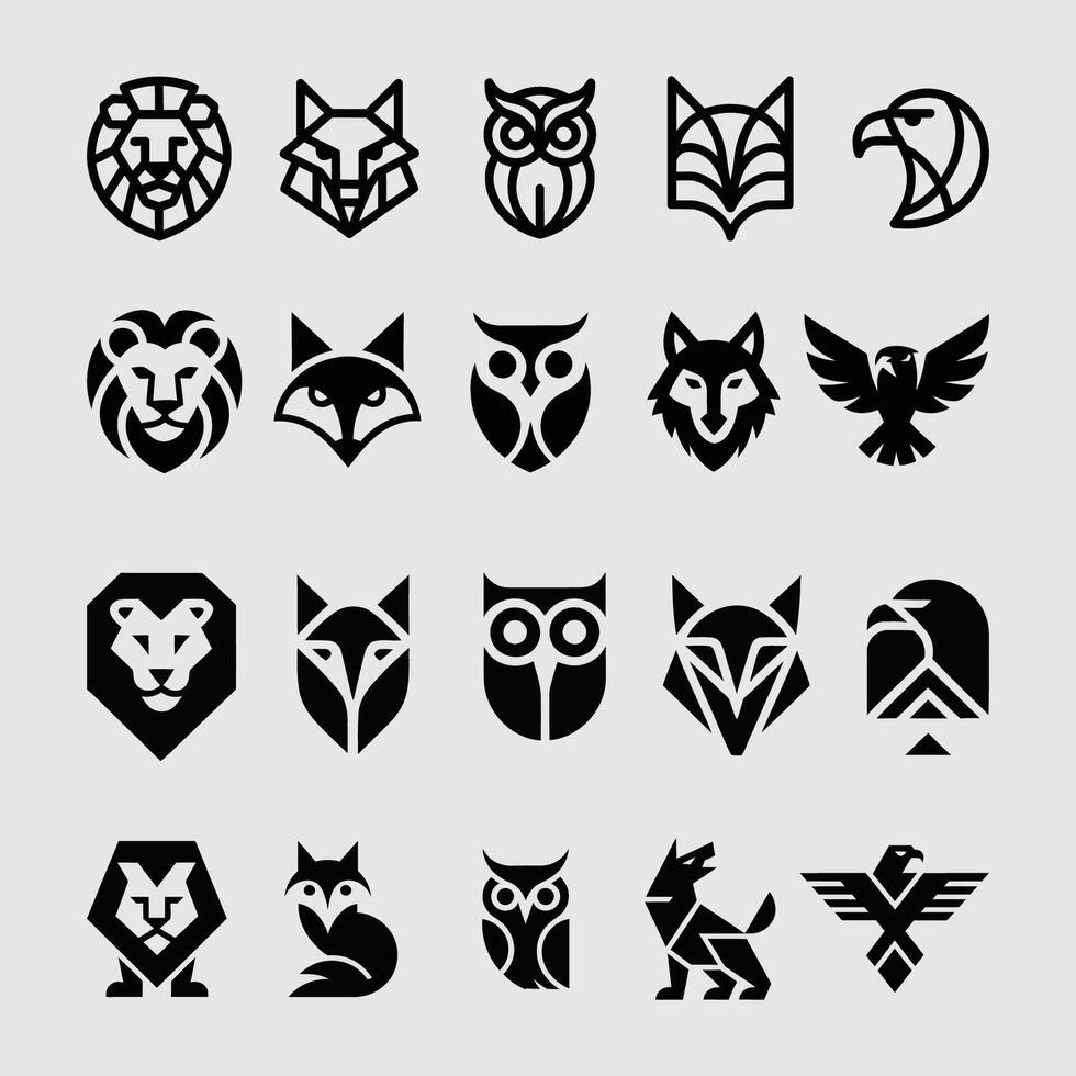 Minimal Geometric Animal Logo Icon Set of lion fox owl wolf eagle vector