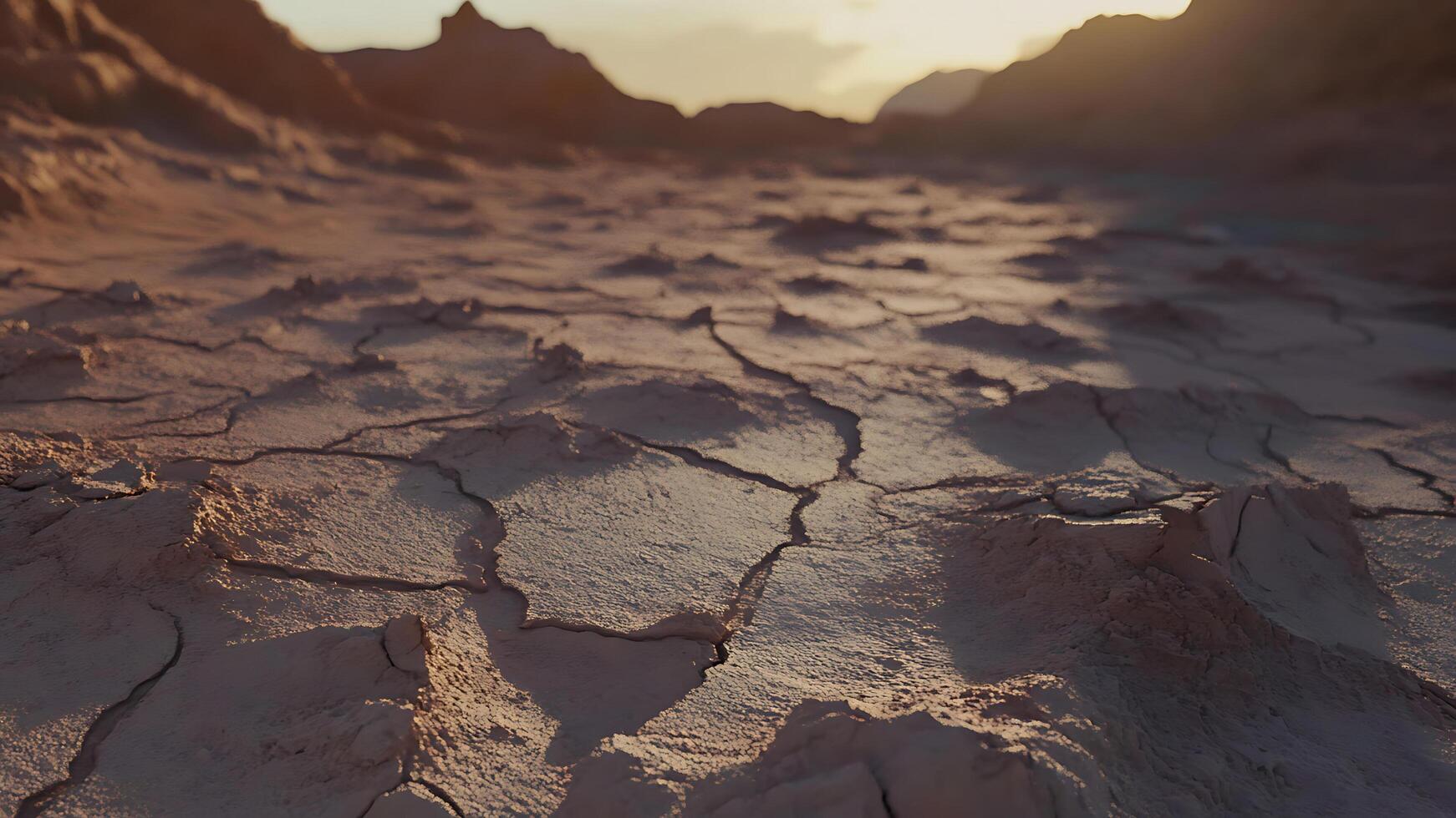 Cracked Beige Earth Ground with Hills at Sunset Scenery photo