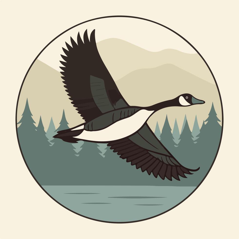 Flying Goose Silhouette Over Forest Lake vector
