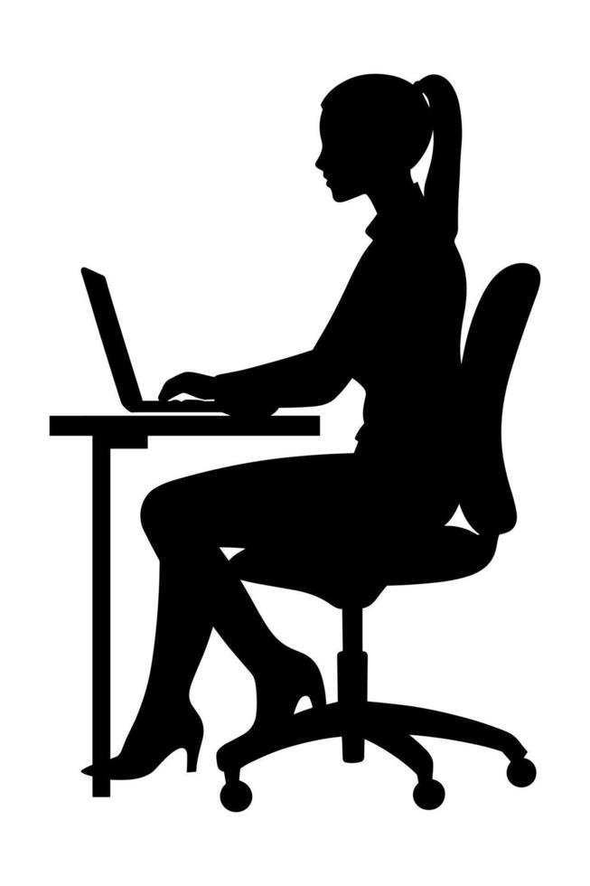Silhouette of woman working on laptop at desk. Businesswoman typing at laptop. Black icon isolated on white background vector