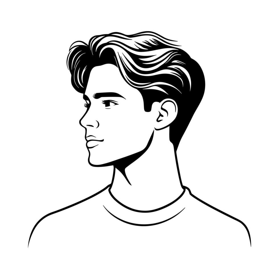 Young man portrait with trendy haircut. Beautiful portrait hipster boy, single black line icon on white background vector