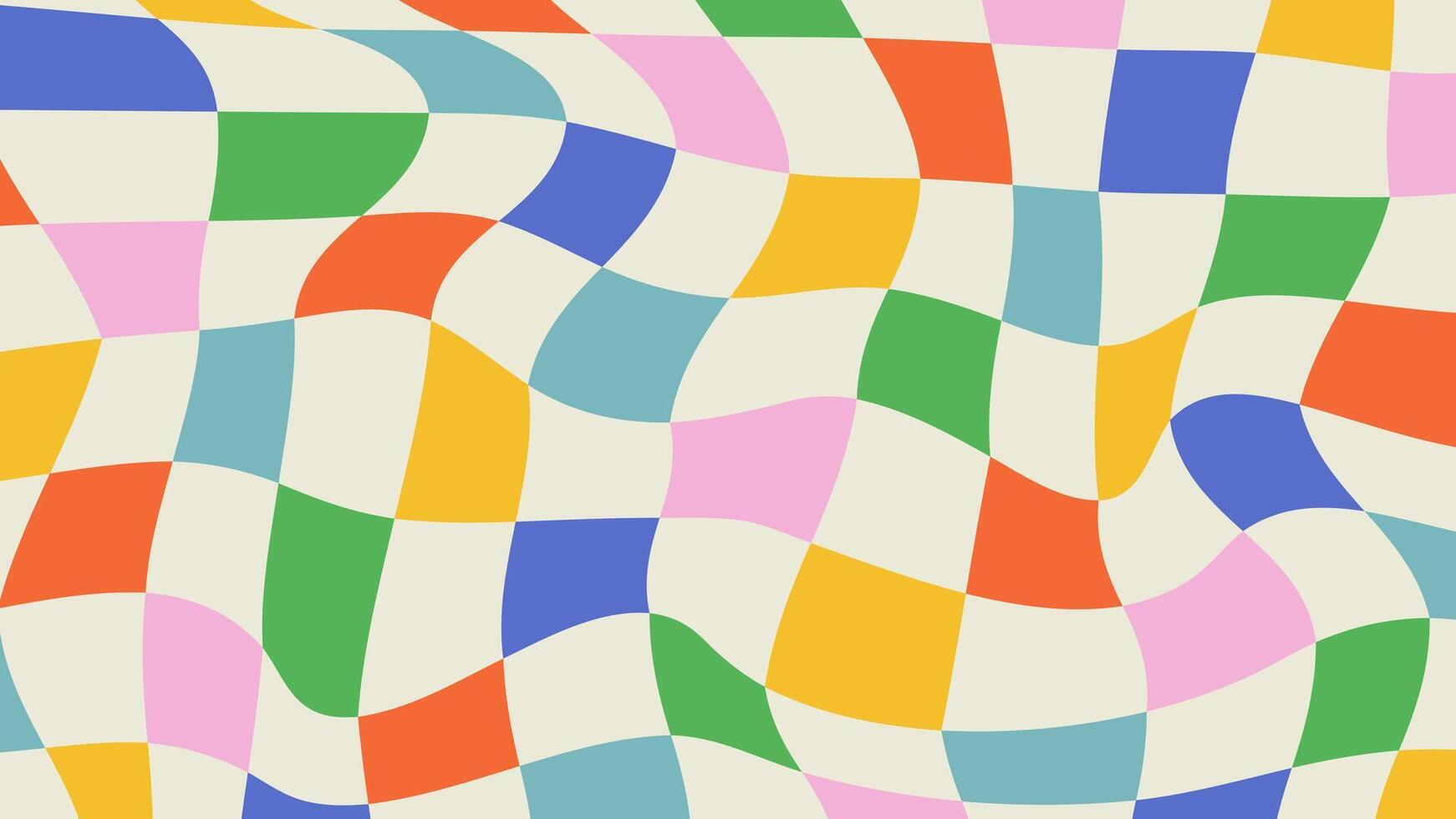 Psychedelic colorful checkerboard background. Abstract groovy hippie 60s-70s design. Distorted illustration in Y2k style vector