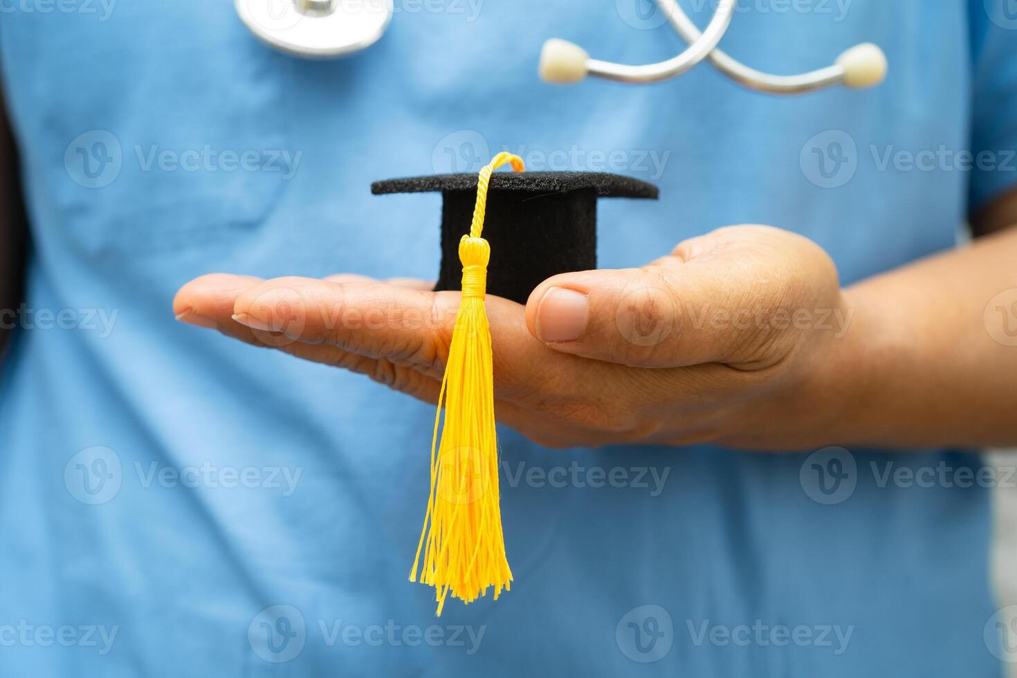 doctor study learn graduation gap hat in hospital ward, clever bright genius education medicine. photo