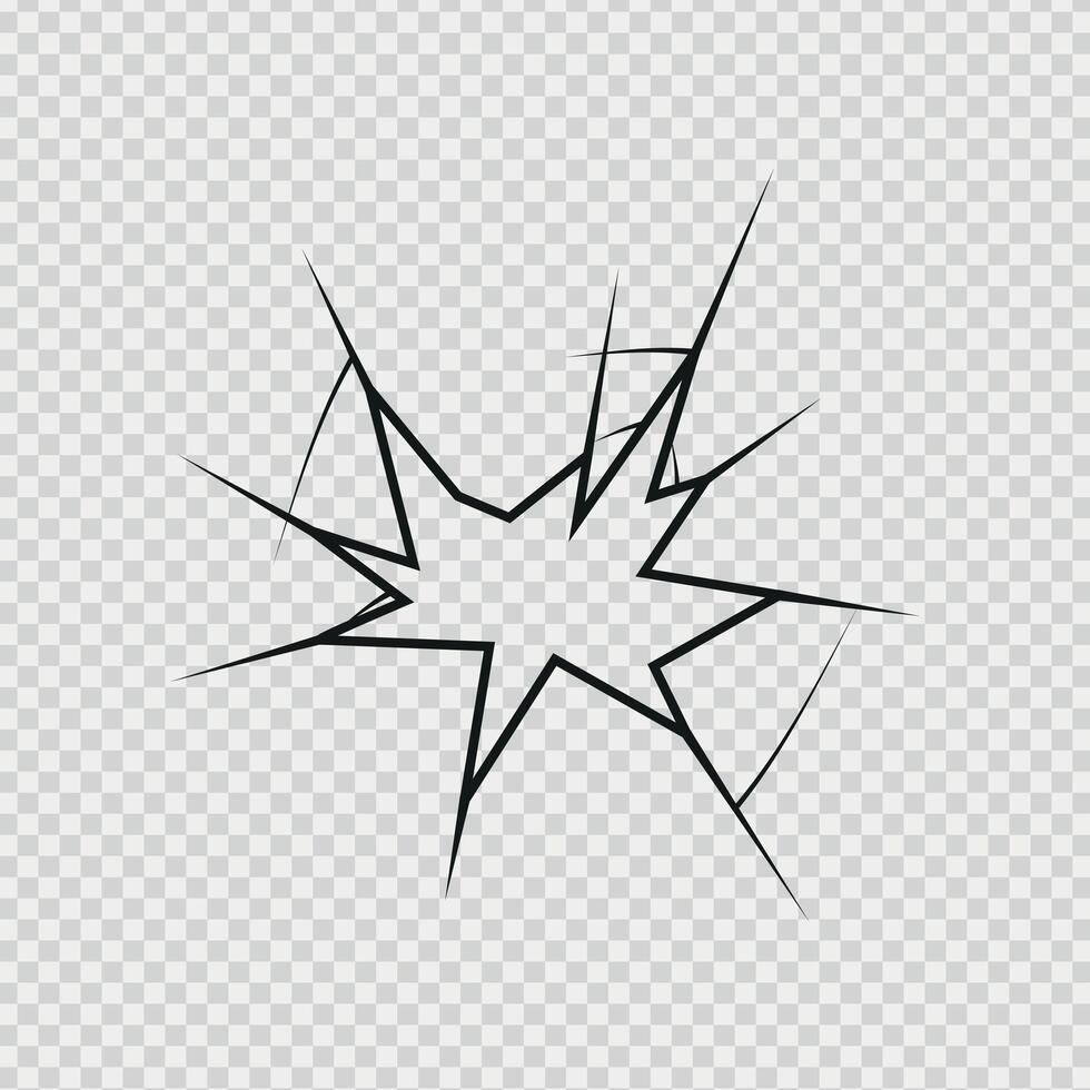 Crack shot in glass, silhouette linear crack breaks, broken glass ice vector