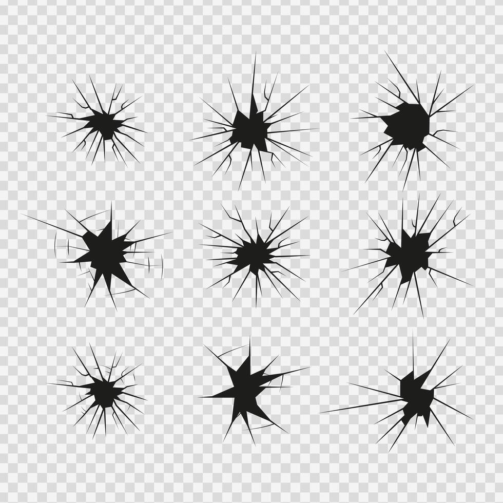 Crack shot glass icons set, silhouette cracks and breaks, broken glass or ice vector