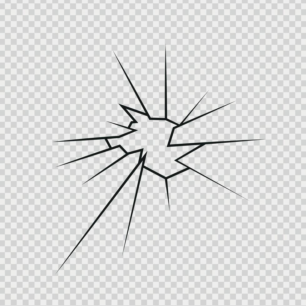 Crack shot in glass, silhouette linear crack breaks, broken glass vector