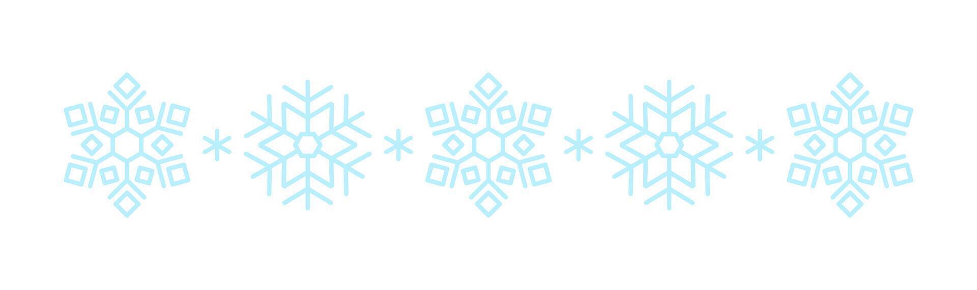 Winter snow icon divider with blue snowflakes on white background. Festive Christmas banner, New Year card. Symbol of frosty whether and happy holidays. illustration vector