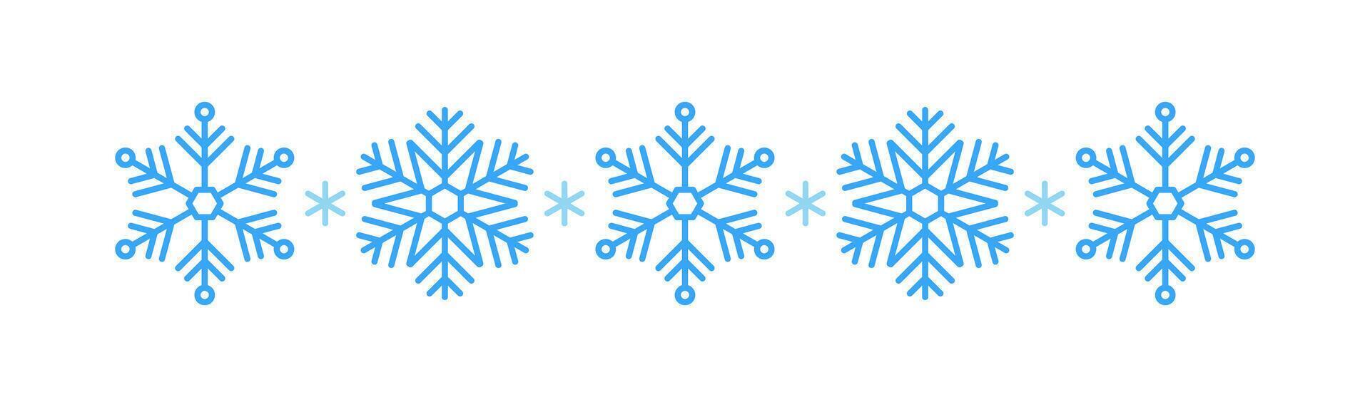 illustration snow icon divider with blue snowflakes on a white background. Festive Christmas banner, New Year card. Symbol of frosty whether and happy holidays. Winter vector