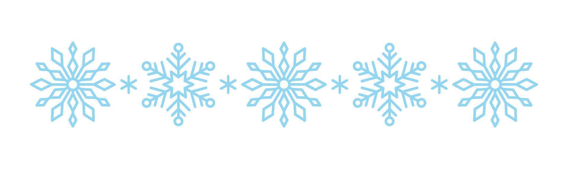 Winter snow icon divider blue snowflakes on a white background. Festive Christmas banner, New Year card. Symbol of frosty whether and happy holidays. illustration vector