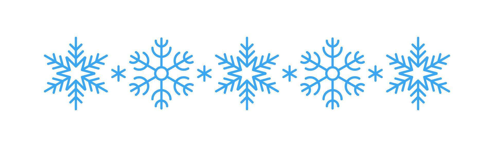 Winter snow icon divider with blue snowflakes on a white background. Festive Christmas banner, Year card. Symbol of frosty whether and happy holidays. New illustration vector