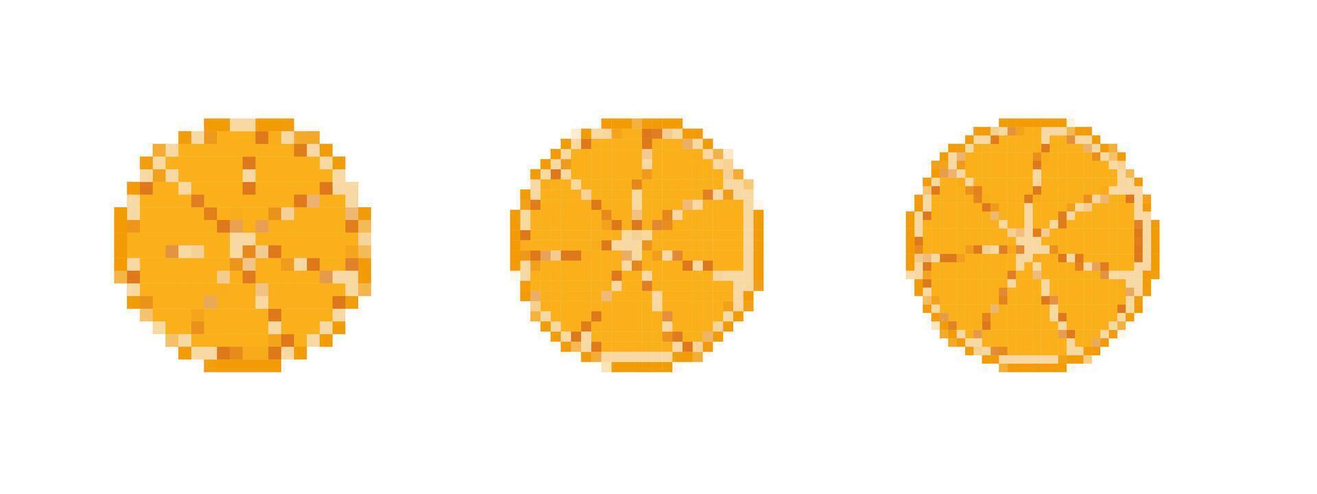Mosaic pixel art of three orange slices in 8 bit style for retro game design and ui icons vector