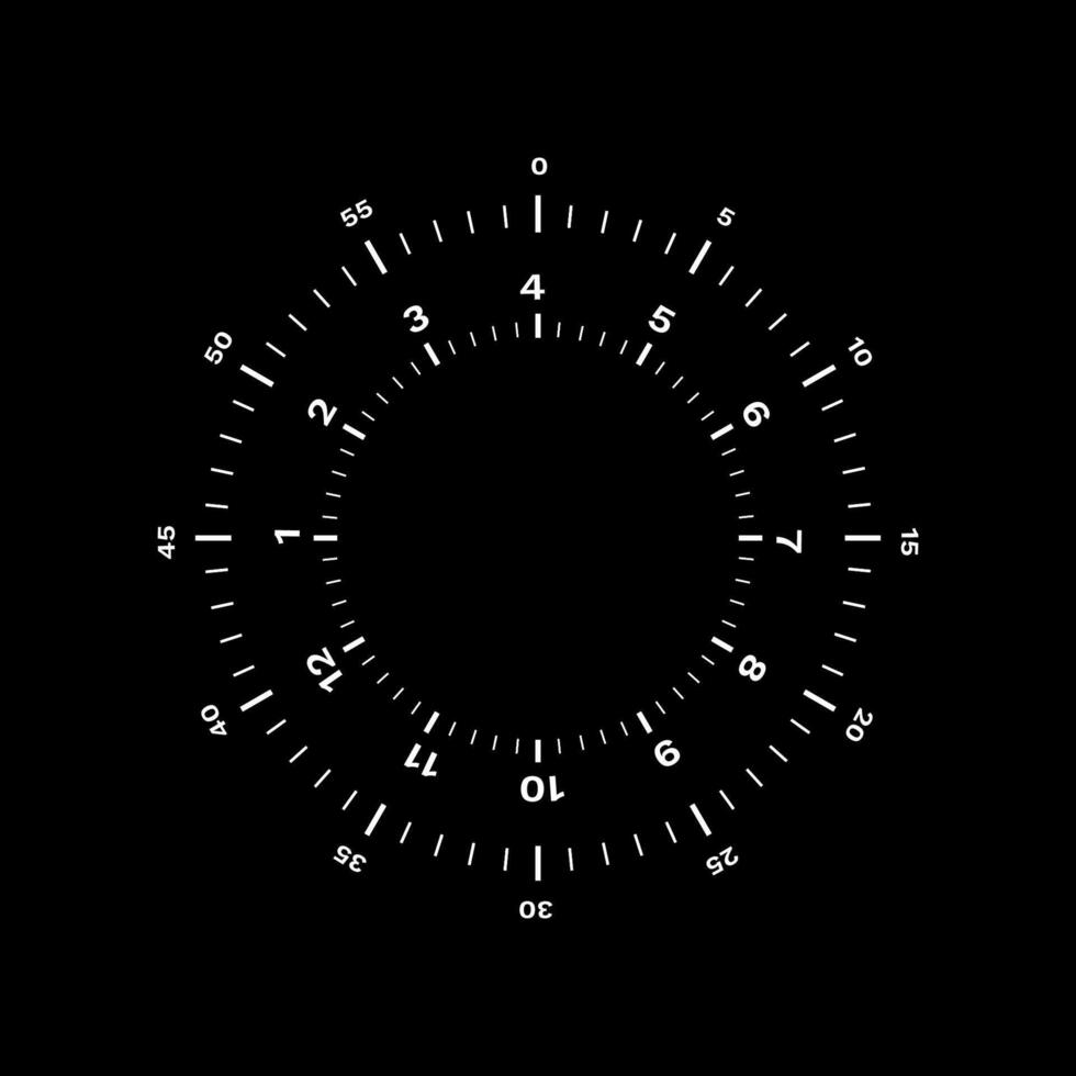 Circular measurement dial with radial tick marks and numeric indicators on black background vector