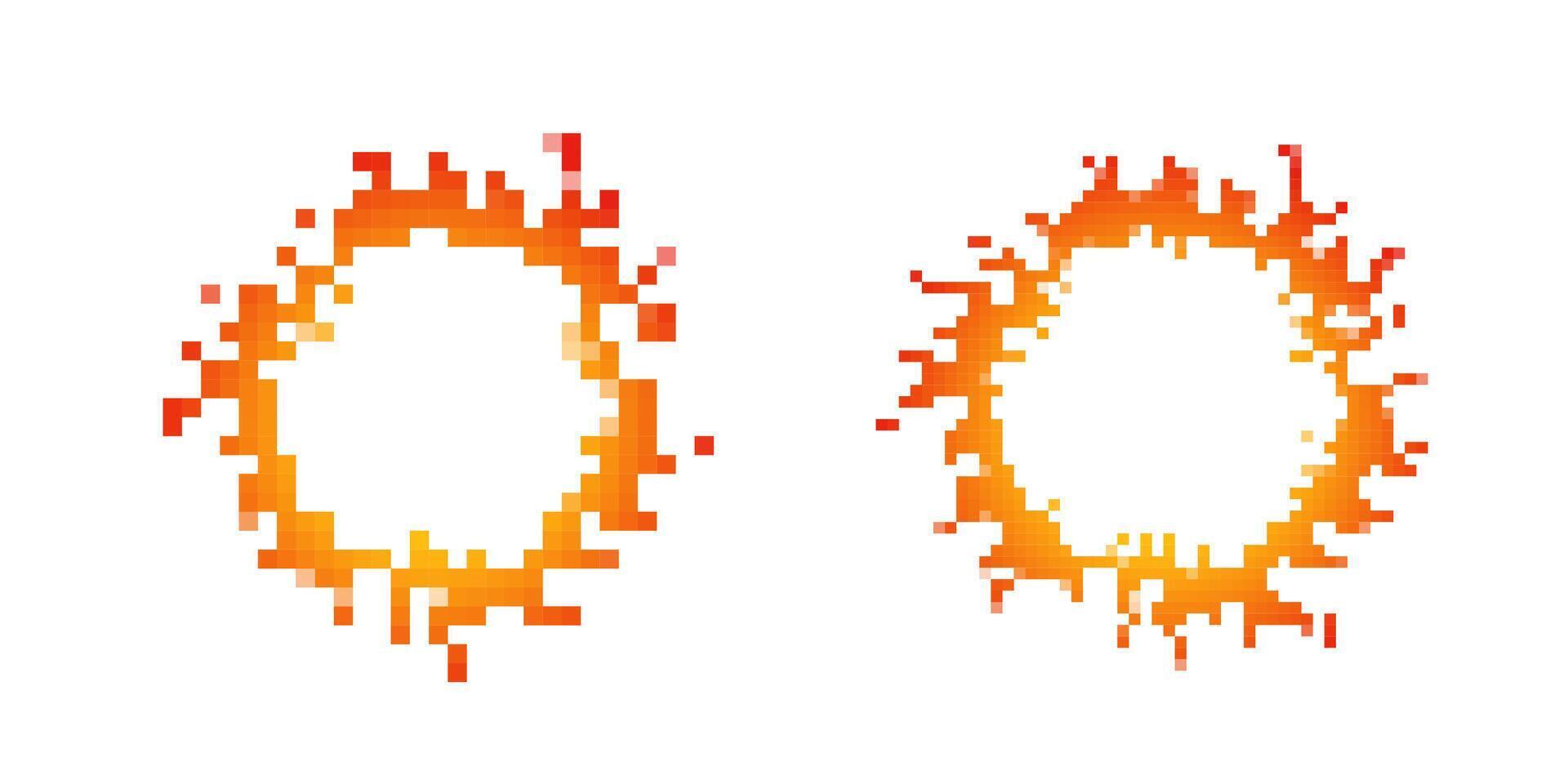 Mosaic pixel fire icons in retro 8 bit style for attention grabbing design elements vector