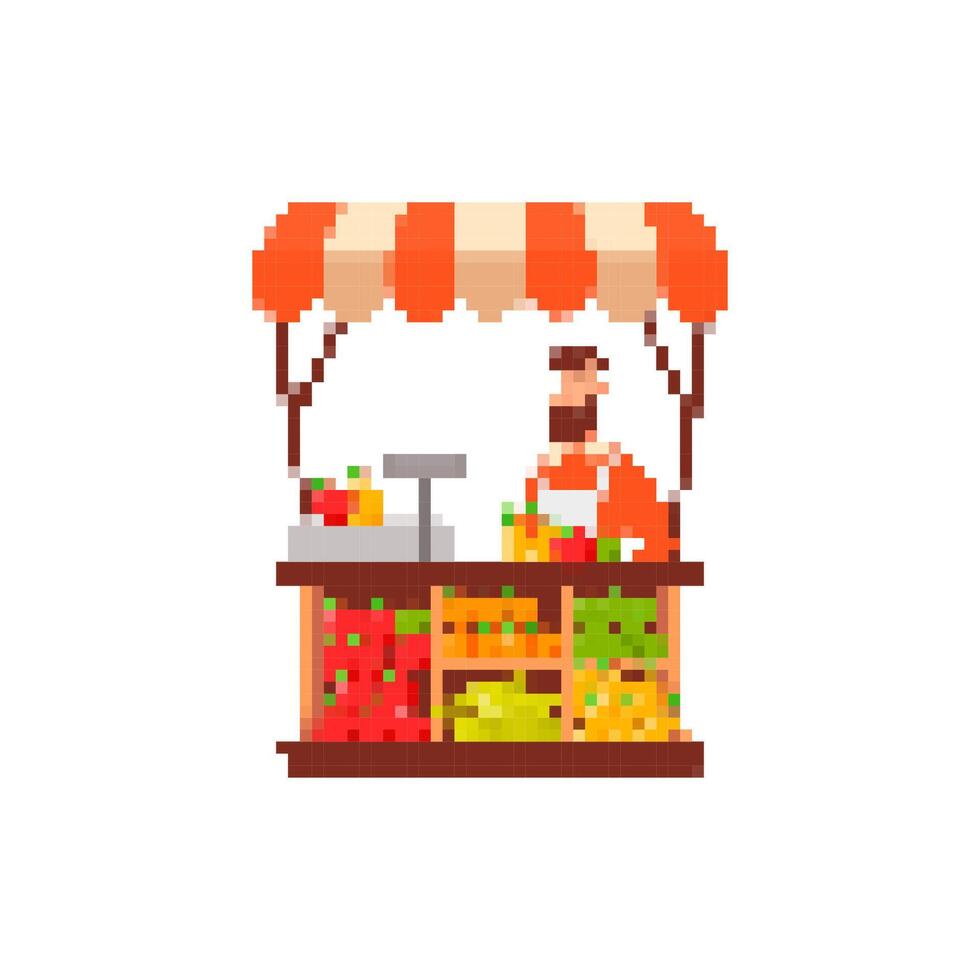 Mosaic fruit stall pixel art icon with vendor in playful retro game design style vector