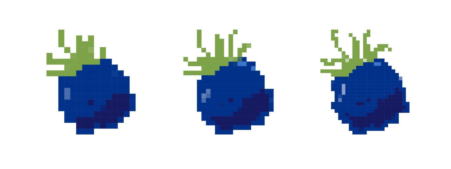 Mosaic pixel art blueberries set with retro game style and simple 8 bit appearance vector