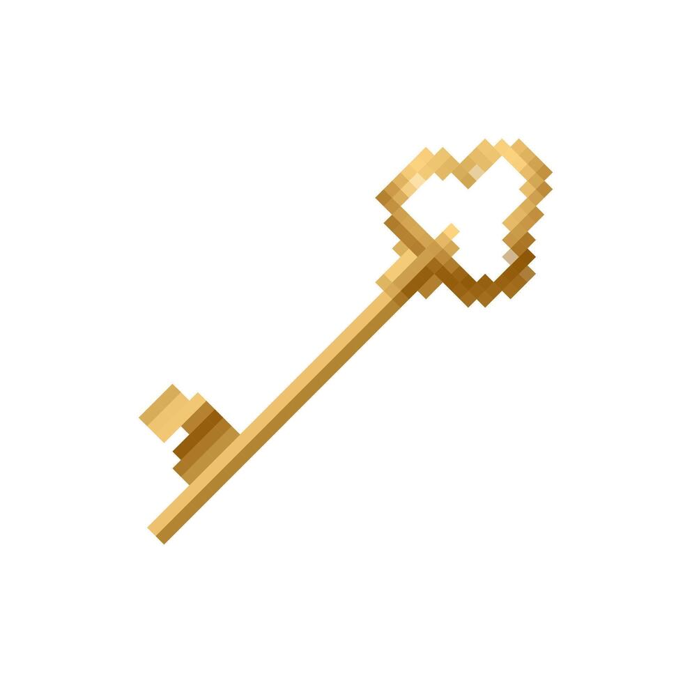 Mosaic pixel art key in retro style with golden shades and 8 bit design elements for games vector