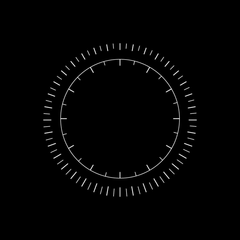 Circular measuring scale graphic with radial marks and numeric indicators in black and white vector