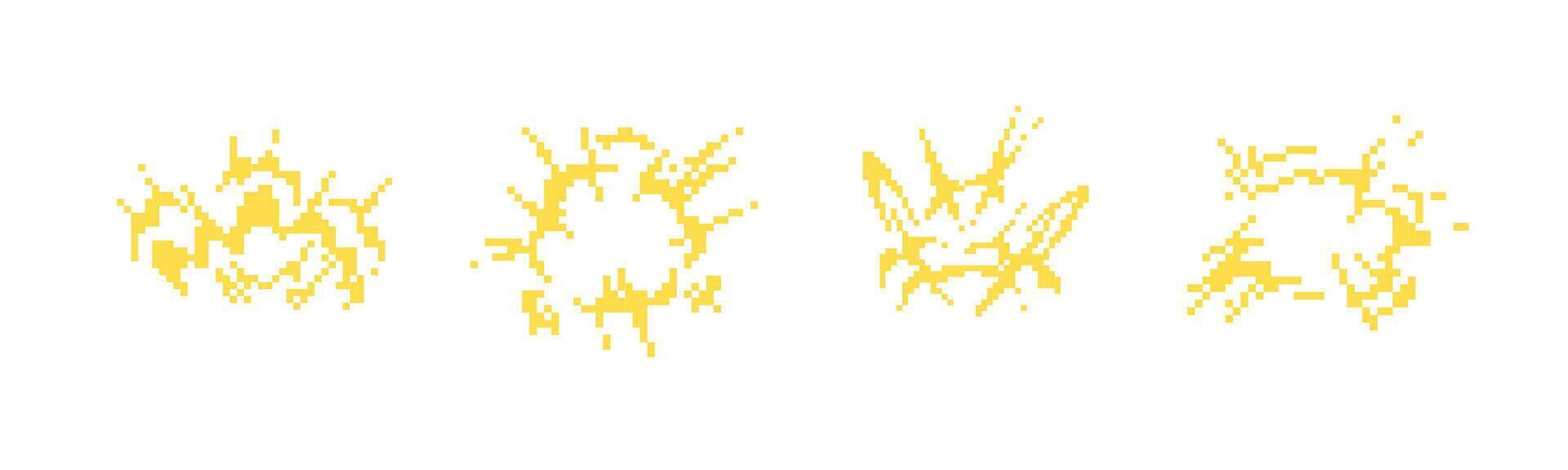 Mosaic pixel icons depicting various explosion in a retro 8 bit art style vector