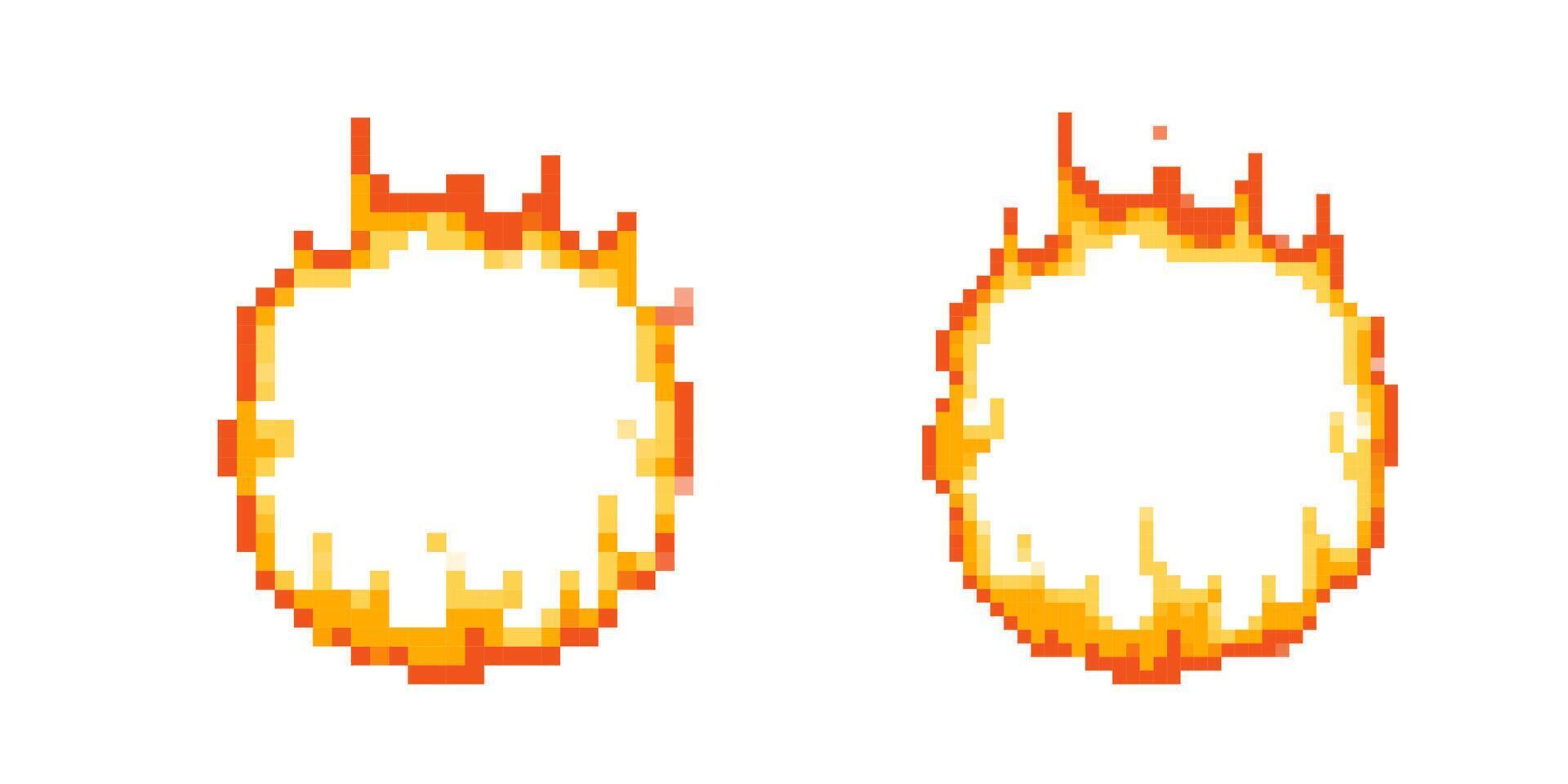 Mosaic pixel art fire icon set in retro 8 bit game style with vibrant flames vector