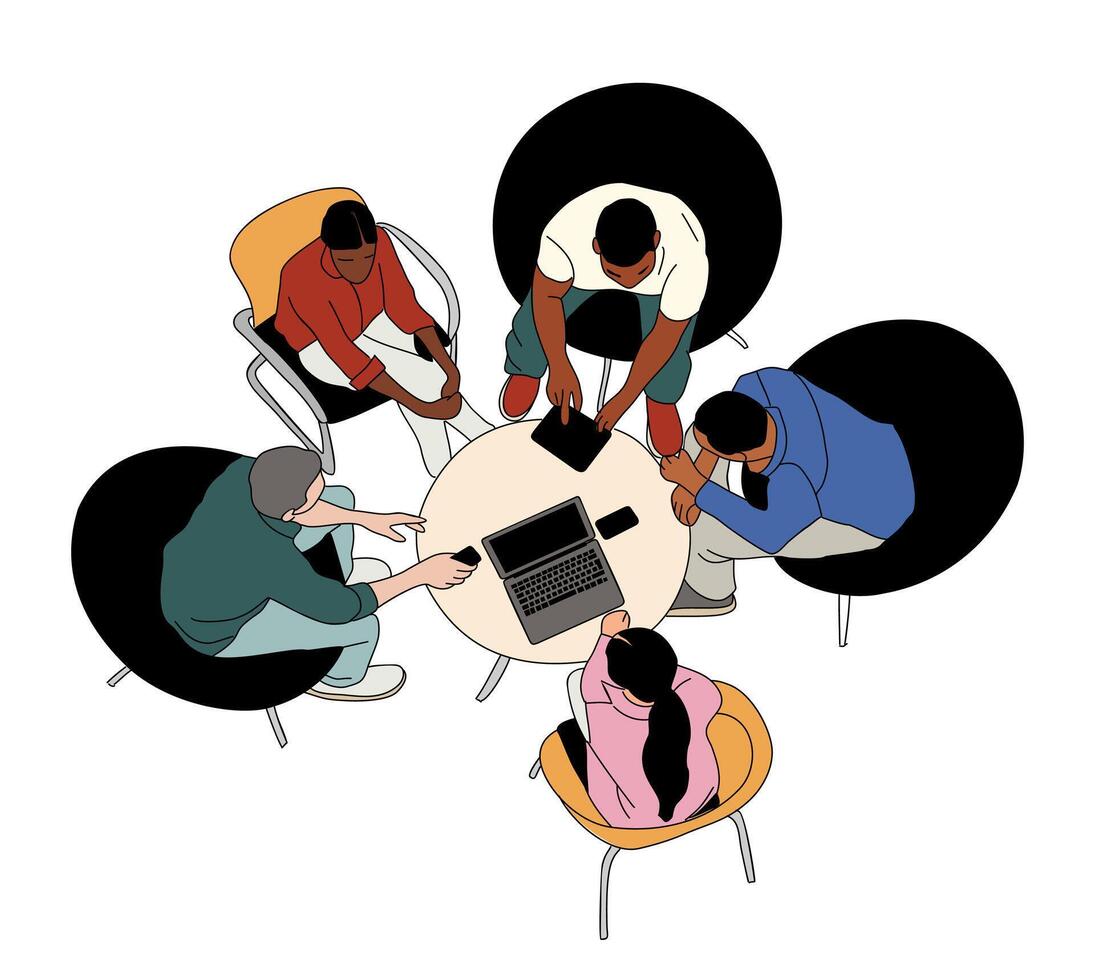 Group meeting discussing ideas around table vector