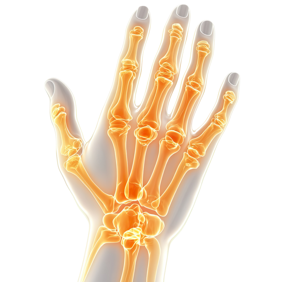 Medical Semi Transparent Human Hand Anatomy with Glowing Orange Bones png