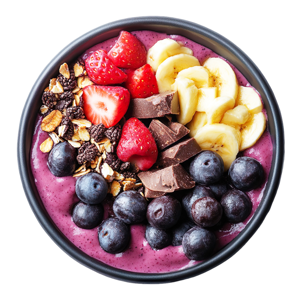 Healthy acai smoothie bowl with fresh fruit and chocolate toppings png