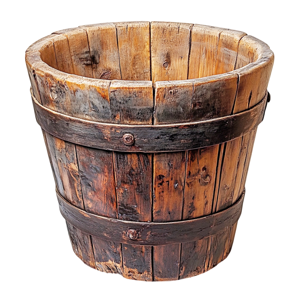 Rustic Wooden Barrel Bucket with Aged Texture and Metal Bands Isolated On Transparent Background png