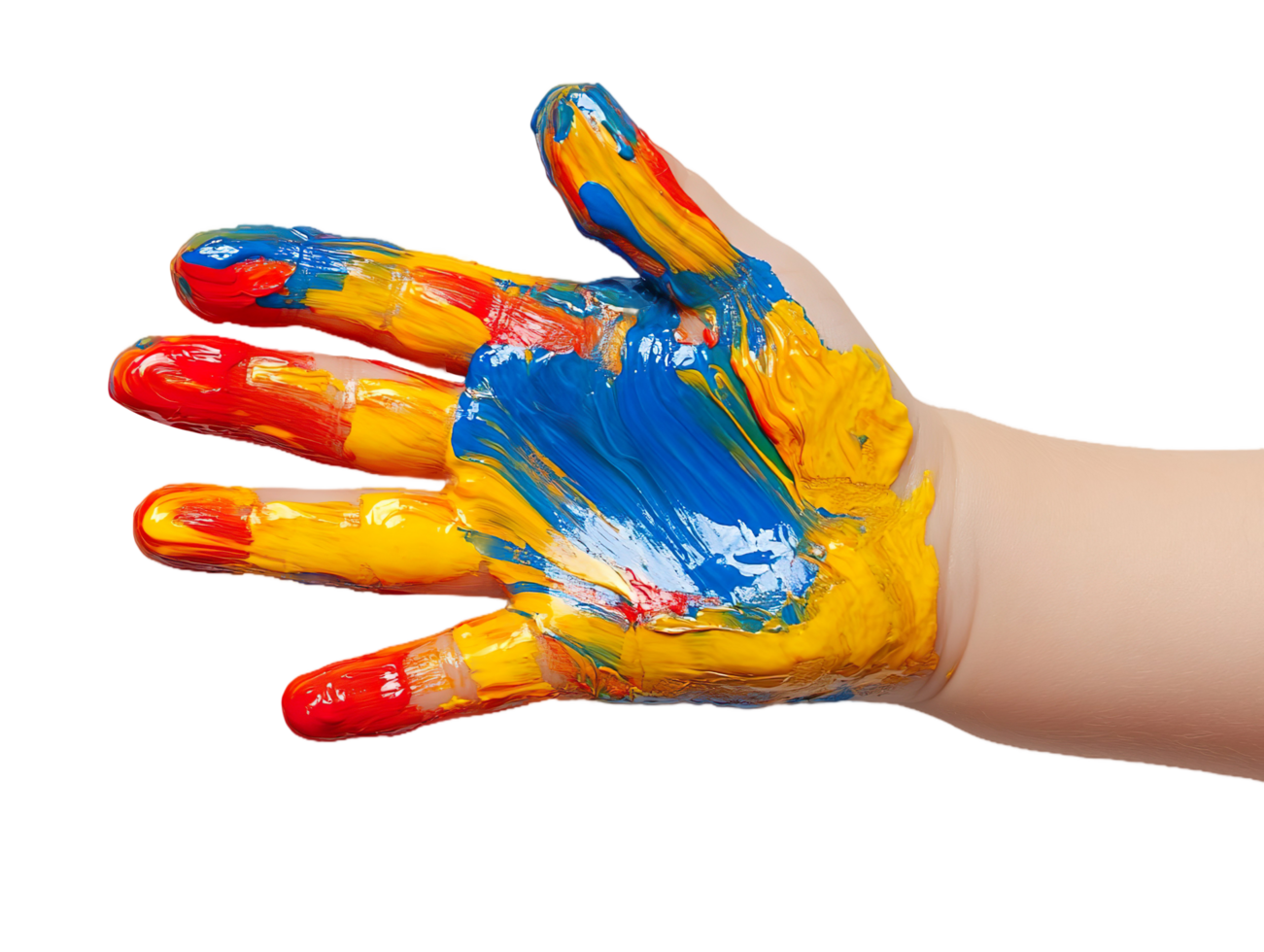 Child hands covered in bright colorful paint from art project png