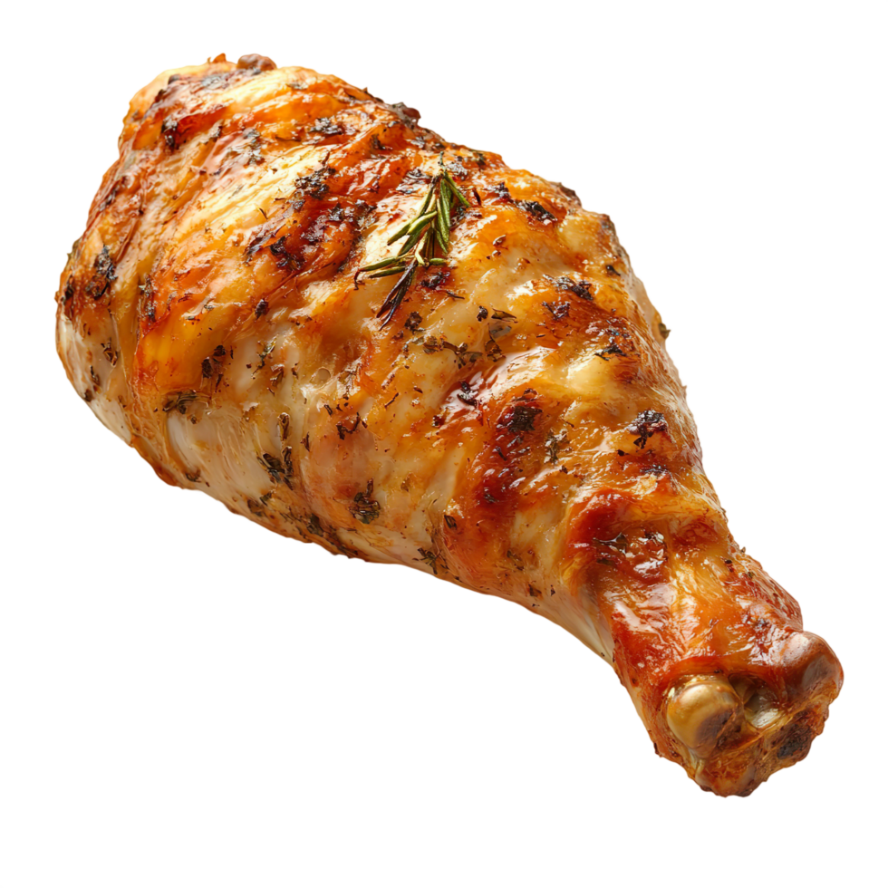 A roasted turkey leg with crispy skin and fresh rosemary png