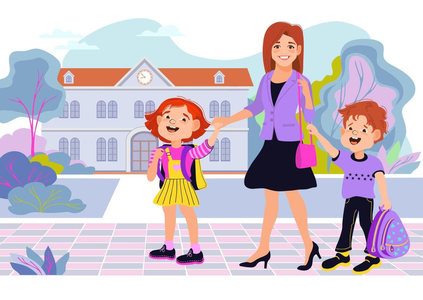Mother with children walking to school vector