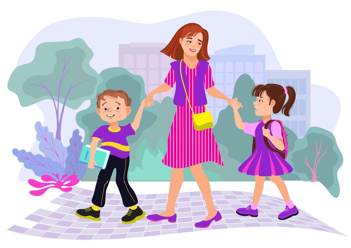 Mother and children walking in park vector