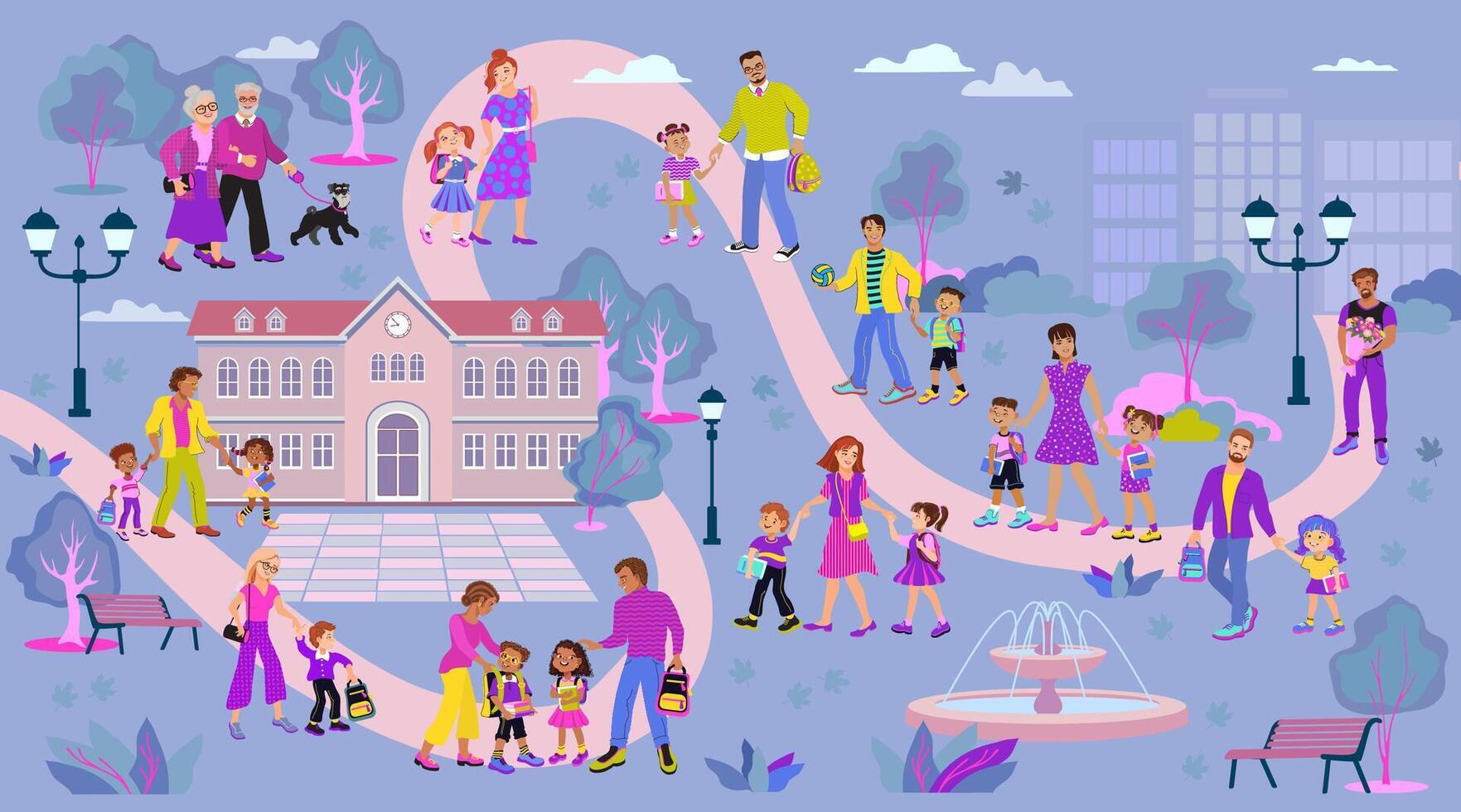 Families walking in a colorful park scene vector