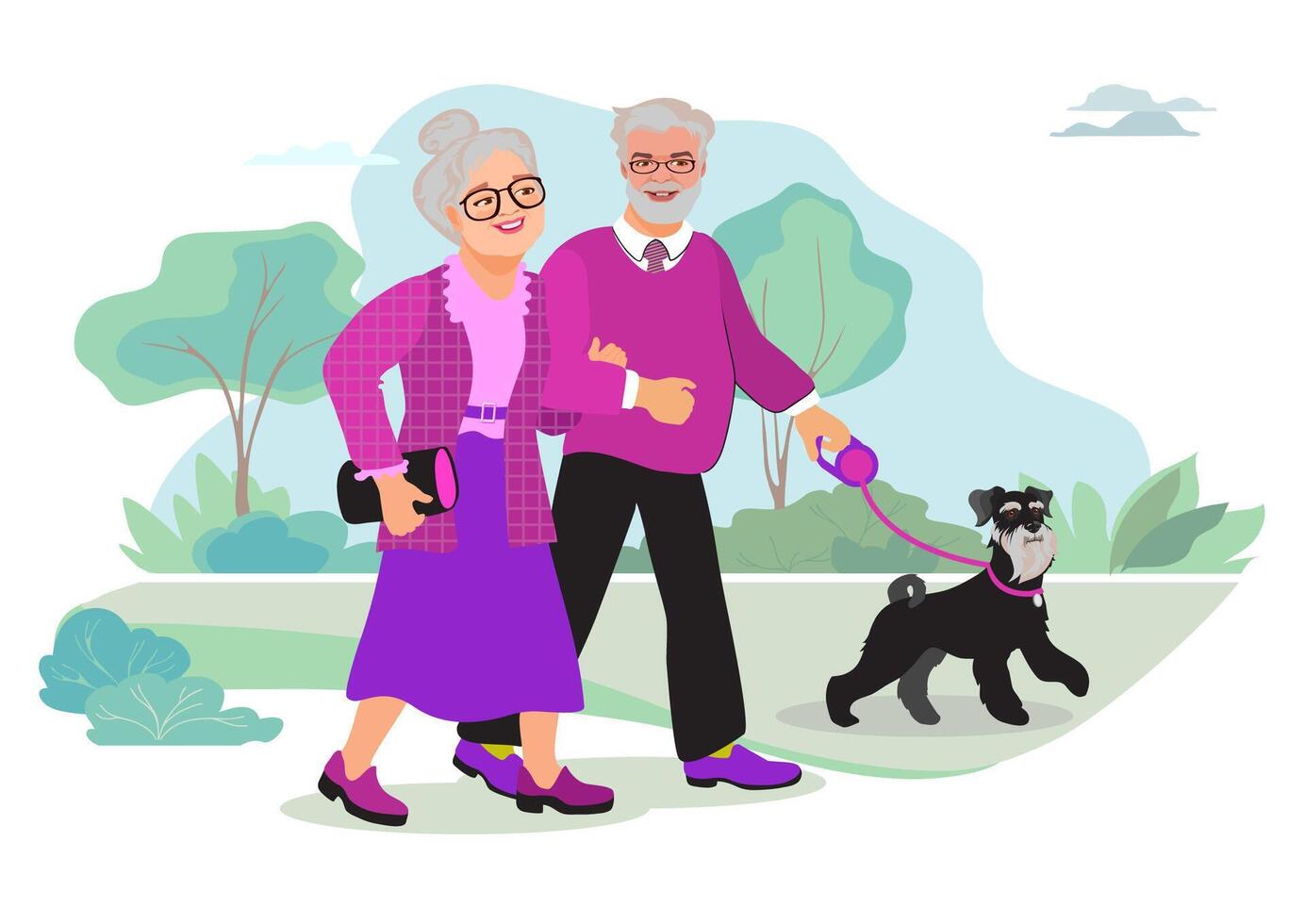 Elderly couple walking dog in park vector