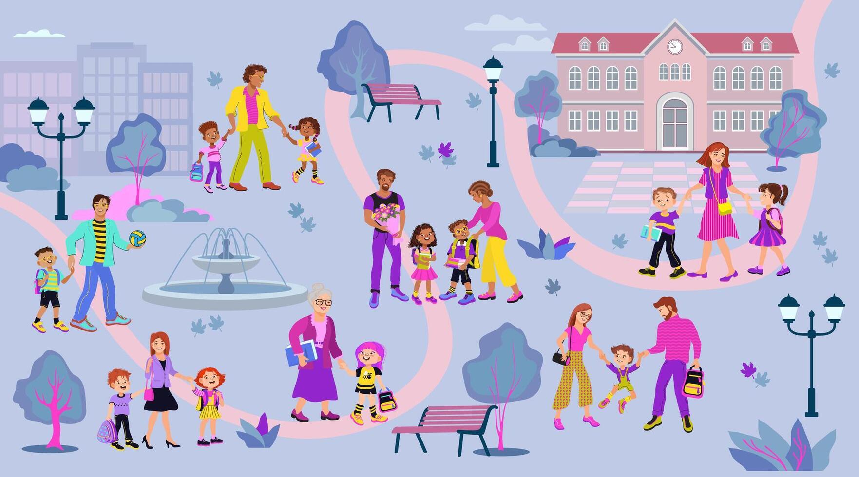 Families and children in a colorful neighborhood scene vector