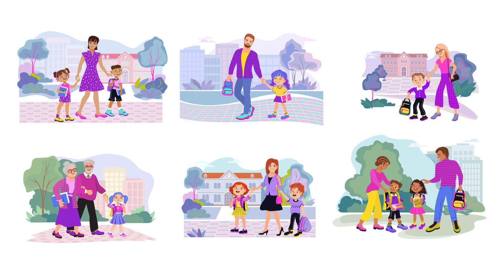 Families walking in an urban environment vector