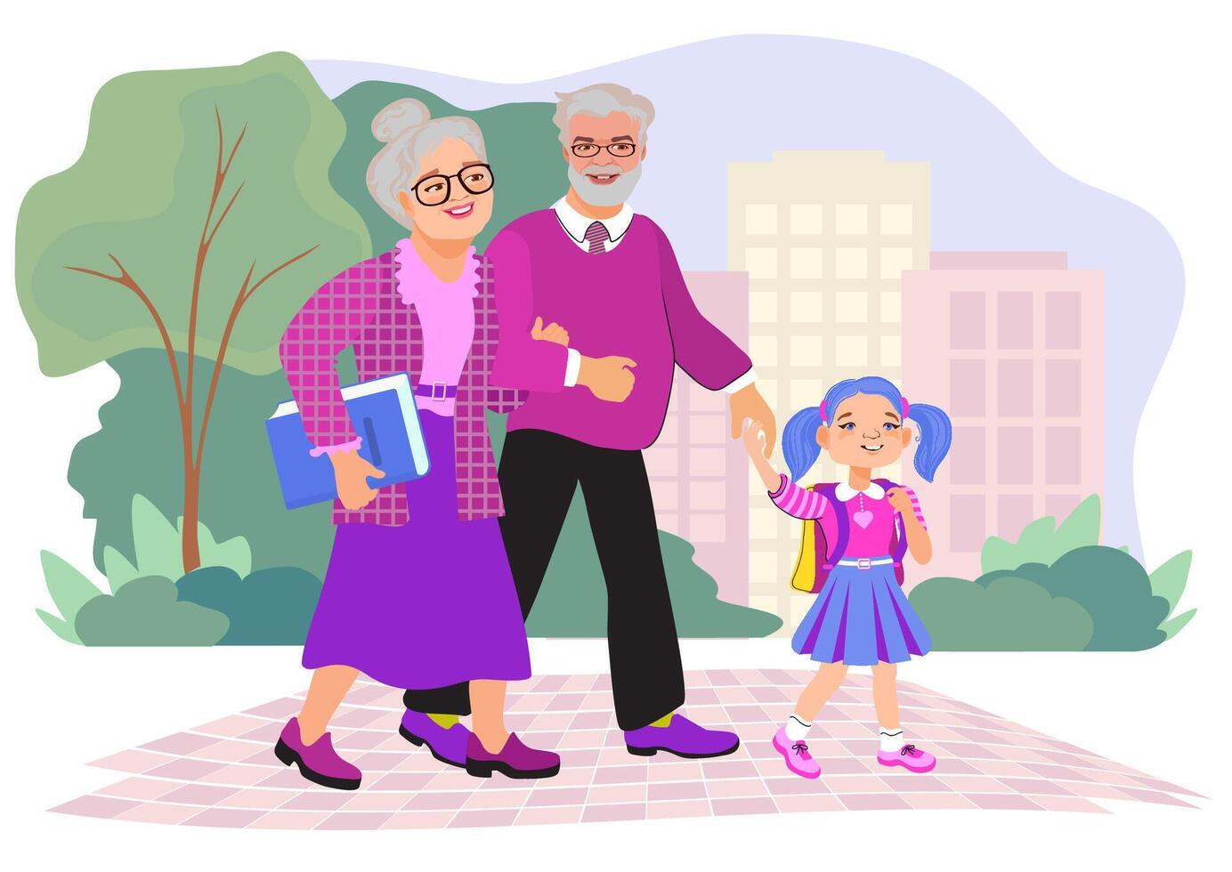 Grandparents with granddaughter in park vector