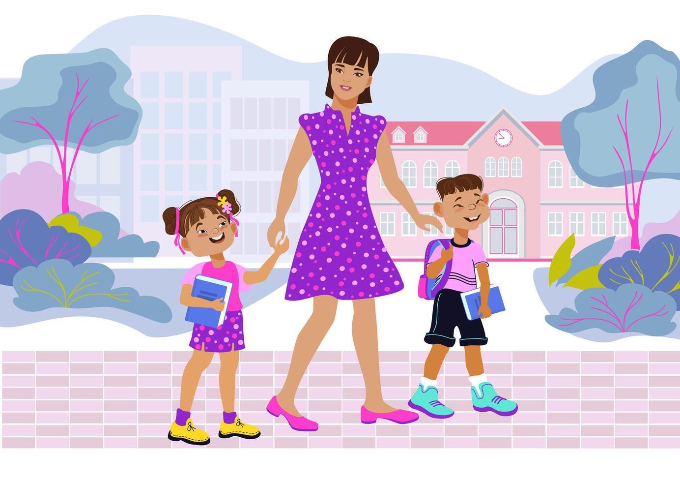 Mother and children walking to school vector