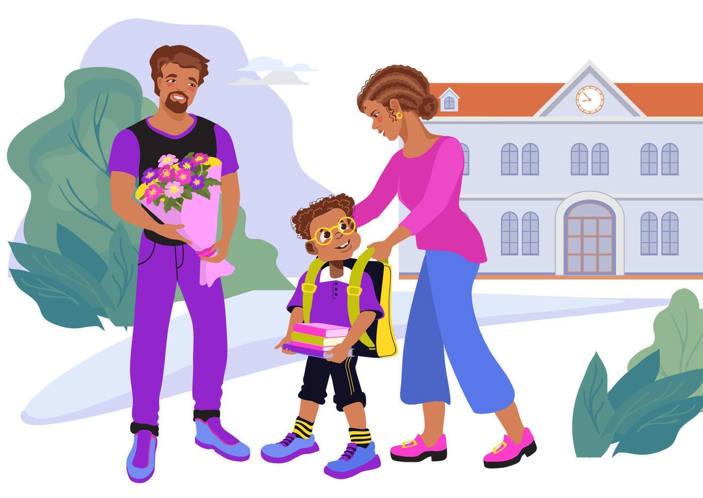 Father, mother, and son are walking to school. Happy family concept. Joyful family, parenting. Loving parents and child are talking and smiling. Flat illustration of mom, dad and schoolboy. vector