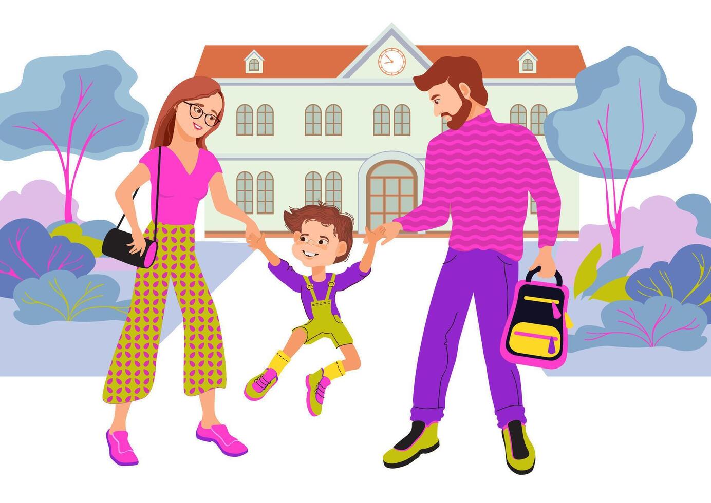 Father, mother, and funny son are holding hands and walking to school. Happy family concept. Joyful family, parenting. Loving parents and child are talking and smiling. Flat illustration. vector
