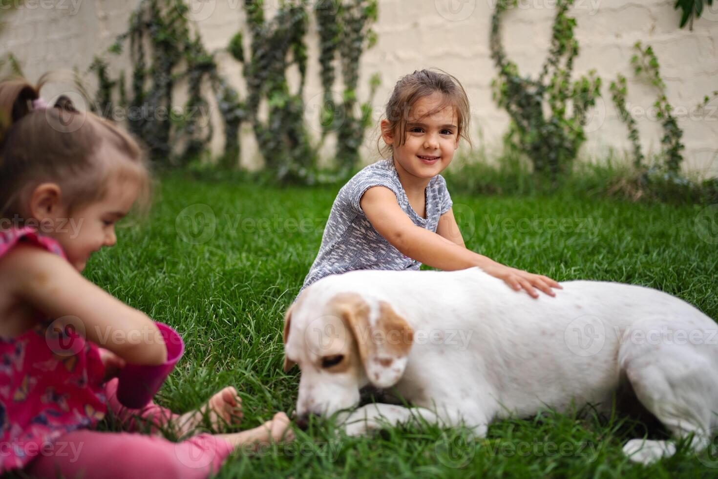 Joyful moments of friendship between children and a playful dog photo