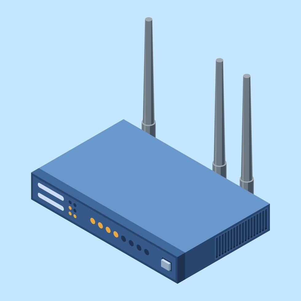 Isometric network wifi router with antennas. Wireless network communication technology. Wireless internet router. Network technology. illustration vector