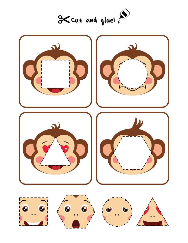 Kid Page with Monkey Shapes Cut, Match, and Learn Activity vector