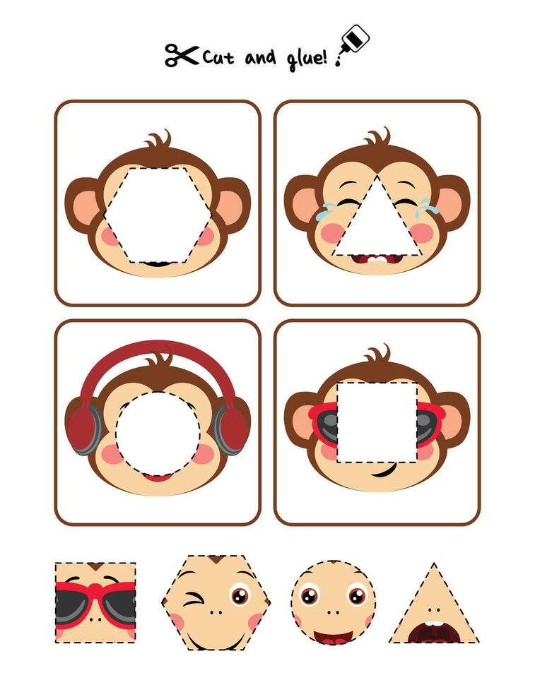 Fun Page with Monkey Shapes Cut, Match, and Learn Activity vector
